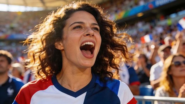 Young woman cheering loudly in stadium wearing red white blue jersey
