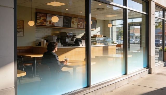 Solitary man sipping takeaway coffee at sunlit cafe window with pastry counter urban morning