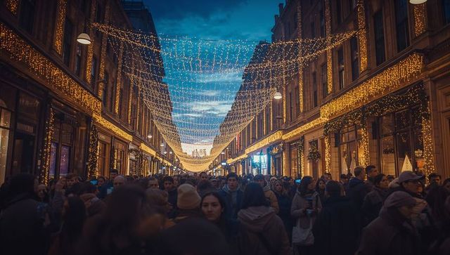 Busy Holiday Shoppers Strolling Under Historic City Lights