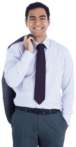 Smiling biracial businessman holding jacket on transparent background