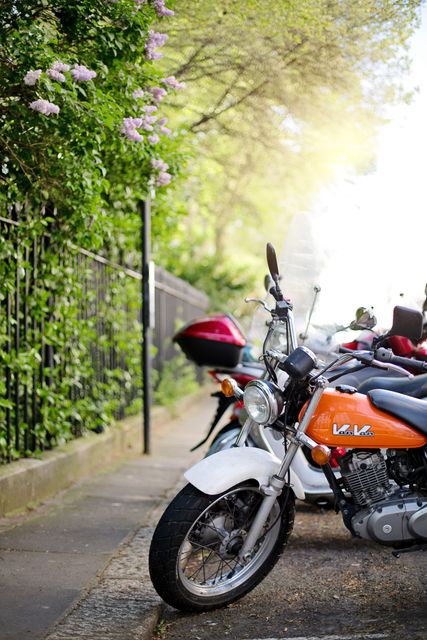 Ideal for urban transportation themes, travel blogs, or advertisements showing convenience of motorbikes in city commuting. Highlights contrast between urban life and nature, making it suitable for eco-friendly transportation contexts.