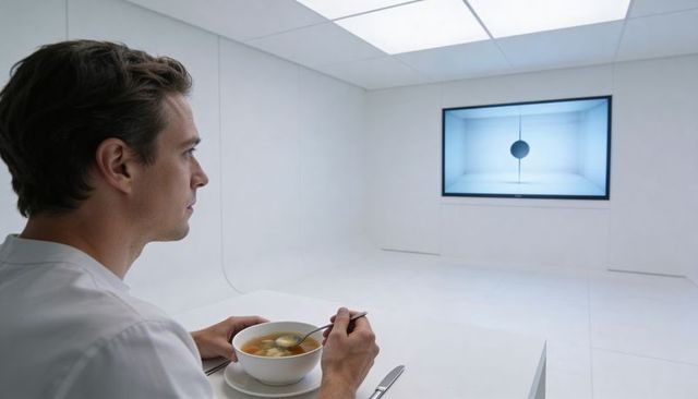 Young man eating soup in minimalist sterile room watching futuristic screen display