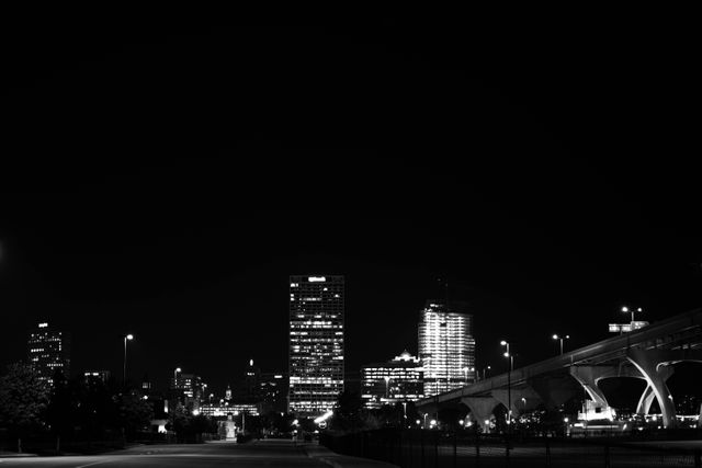 Black and White Night Cityscape with Skyline and Bridge Lights - Download Free Stock Photos Pikwizard.com