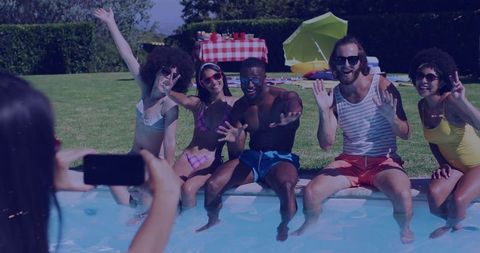 Group of Friends Posing by Pool on a Sunny Day