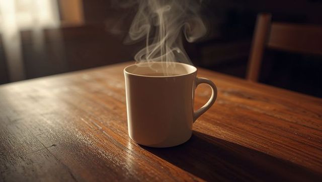 Steaming Hot Beverage in White Ceramic Mug on Rustic Wooden Table