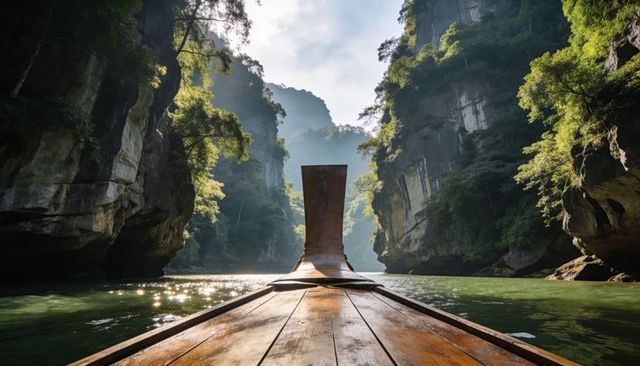 Longtail boat gliding through sunlit limestone gorge with calm emerald water