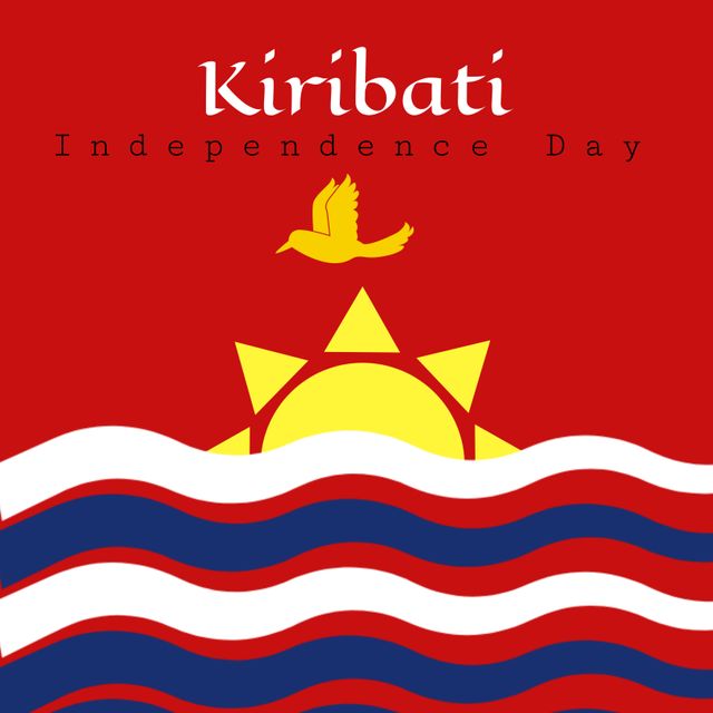 This image is perfect for celebrating Kiribati's Independence Day, featuring the national flag with its wavy stripes, yellow bird, and sun symbol. Great for social media posts, event invitations, educational materials, and articles covering Kiribati's culture and national pride.