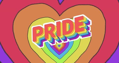 Colorful Pride Layered Text with Rainbow Hearts Background