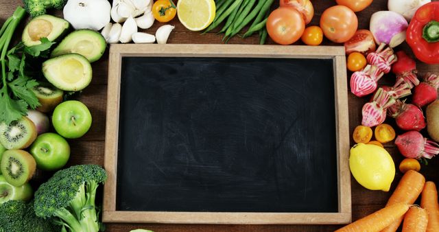 Chalkboard surrounded with fresh vegetables and fruits on wooden table