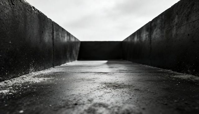 Leading concrete walkway framed by parapet walls toward dark vanishing point, gritty monochrome
