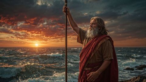 Pensive moses holding staff near ocean at sunset