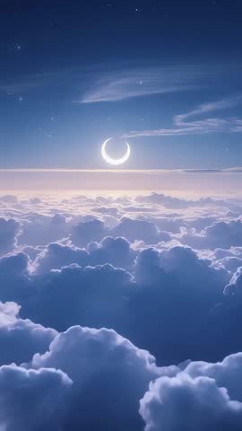 Luminous crescent moon pulsing above drifting cloud layer at dusk starry sky vertical video