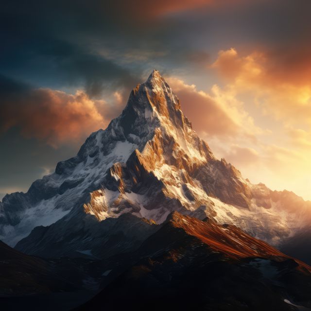 Breathtaking view of a tall mountain peak bathed in golden sunset light with snow and dramatic clouds. Perfect for use in travel brochures, outdoor adventure promotions, and inspirational posters.