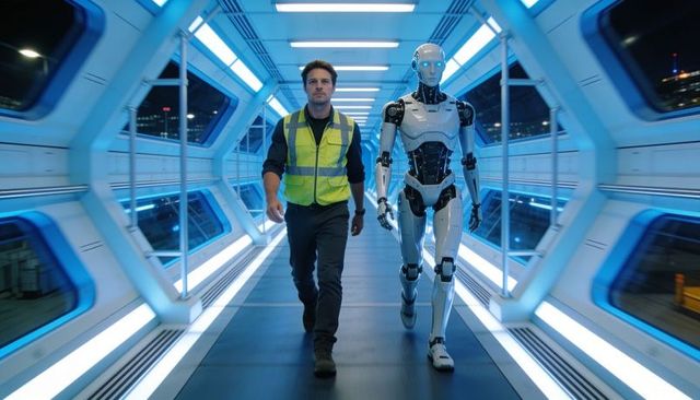 Technician walking alongside humanoid robot in futuristic blue-lit corridor