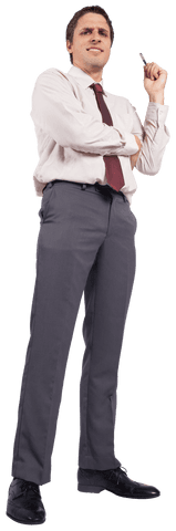 Confident businessman posing with pen on transparent background
