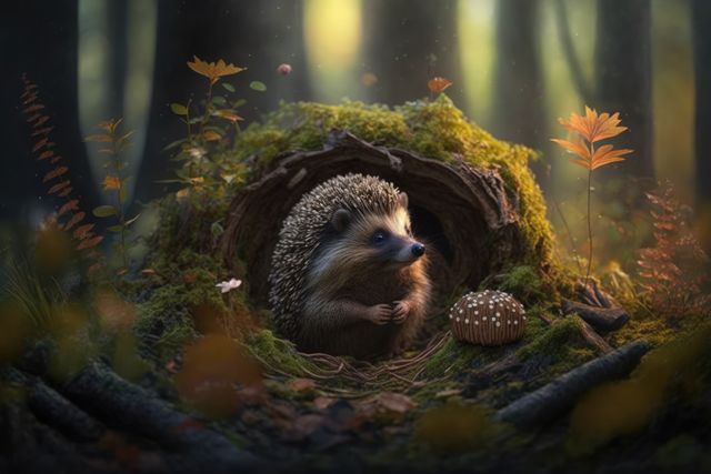 A small hedgehog resting inside a cozy hollow in a forest, surrounded by moss and autumn leaves. Perfect for themes of wildlife photography, nature conservation, and woodland creatures. Can be used in educational materials, children's books, nature articles, and websites focused on wildlife.