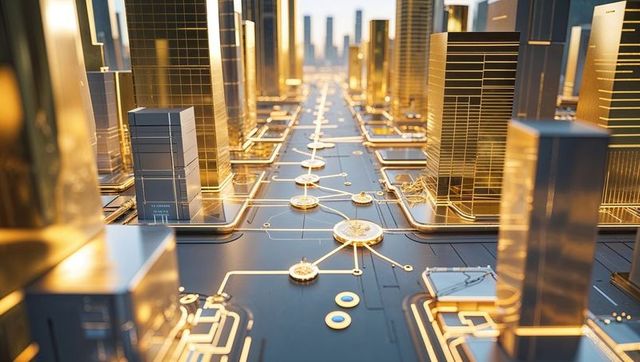 Futuristic smart city circuit art with golden skyscrapers