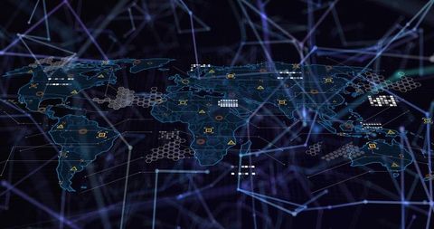 Displaying stylized world map on cyber dashboard with holographic network nodes and alerts