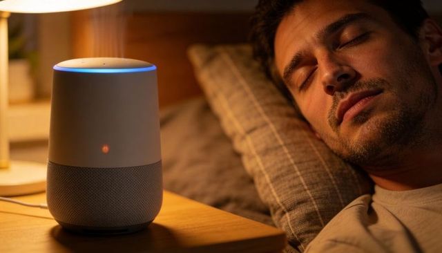 Man sleeping beside smart speaker glowing blue on wooden nightstand at night