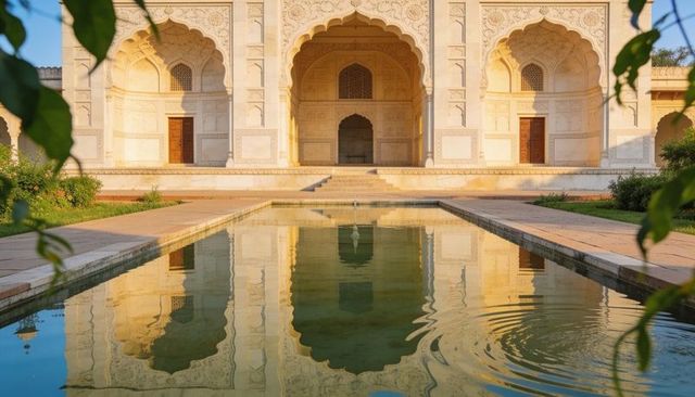 Sunlit mughal marble facade reflecting in quiet pool with scalloped arches and ripples