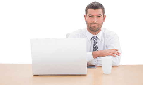 transparent businessman sitting confidently desk with laptop - Download Free Stock Videos Pikwizard.com