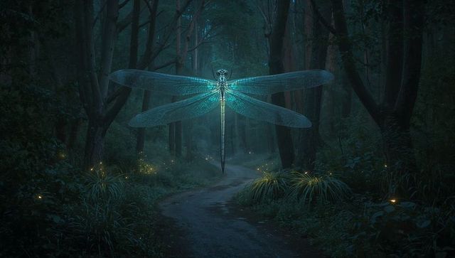 Giant glowing dragonfly hovering over misty woodland path casting teal light with glowbugs