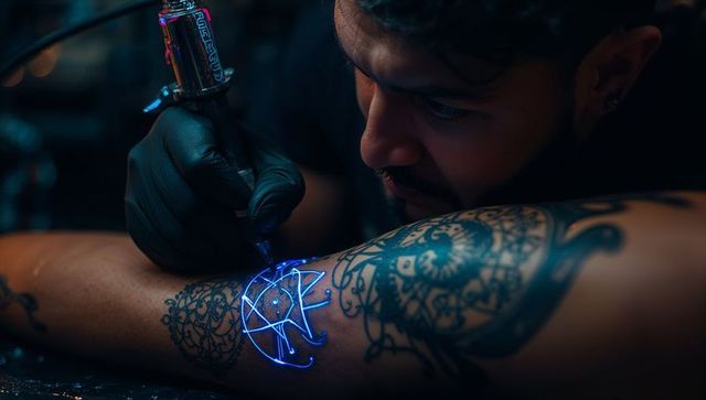 Tattoo artist applying neon uv design in studio with tattoo machine
