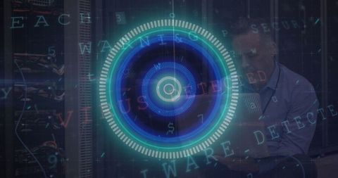 It technician analyzing data with advanced security interface