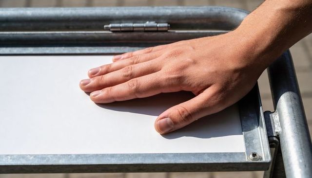 Adult hand placing on white metal panel with hinge closeup showing texture and shadow