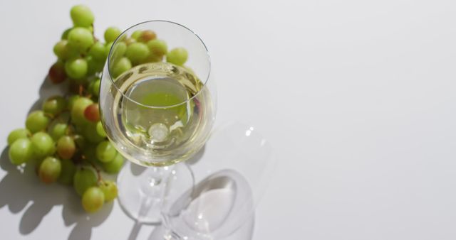 White wine glass and grapes lying on white surface with copy space. Wine, alcohol, beverage and wine tasting concept.