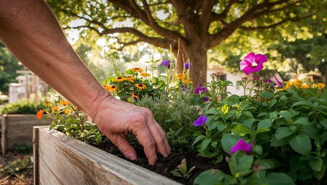 Gardener digging soil in wooden raised planter with vibrant pink petunias and orange daisies