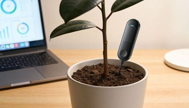 Smart soil sensor monitoring plant moisture and nutrients in indoor planter on desk