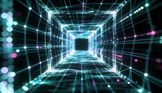 Neon wireframe tunnel drawing eye toward central void in futuristic cyber grid corridor