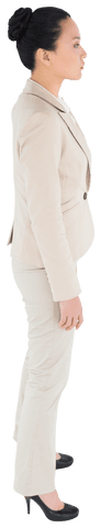 Side profile of asian businesswoman on transparent background in beige suit