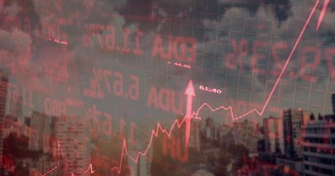 Red Financial Market Uptrend Overlay on City Skyline with Tickers and Upward Arrow