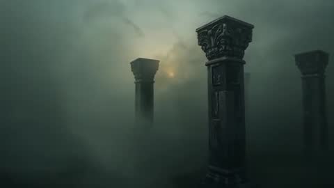 Ancient Corinthian Columns Emerging from Mist at Sunrise in Haunted Ruins