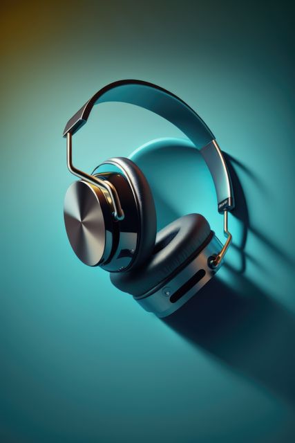 Close up of black headphones on blue background created using generative ai technology. Technology and music concept digitally generated image.