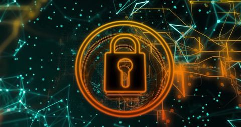 Glowing padlock in digital network for cybersecurity concept