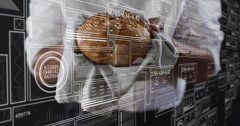 Futuristic data interaction in modern office with holographic panels