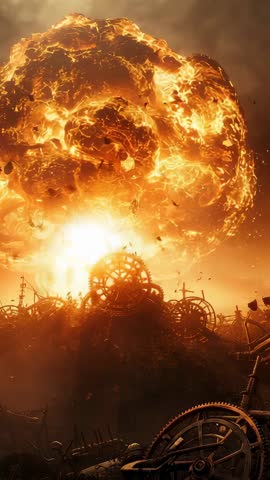 Vertical video: Molten core erupting into blazing fireball over scrapyard of gears