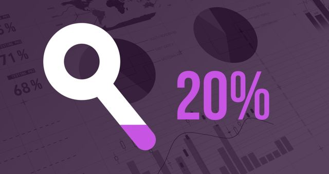 Visual representation of data analysis and online research with magnifying glass symbol and percentage on dark purple background filled with moving graphs and data. Ideal for articles, presentations on technology, innovation and data-driven decision-making in business and finance sectors.