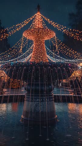 Pumping Water Jets at Tiered Stone Fountain with Festive String Lights Night Vertical Video