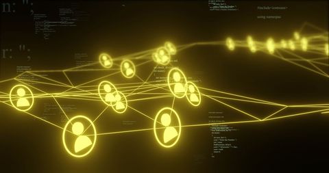 Digital network of user icons with overlaying code