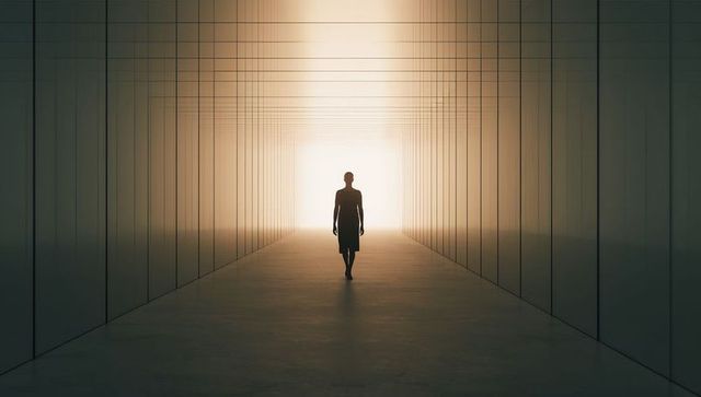 Backlit silhouette walking down futuristic glass corridor toward bright horizon