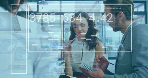 Business Team Brainstorming with Digital Overlay in Modern Office