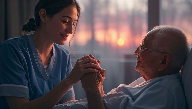 Caring Nurse Providing Comfort at Patient's Bedside during Sunset