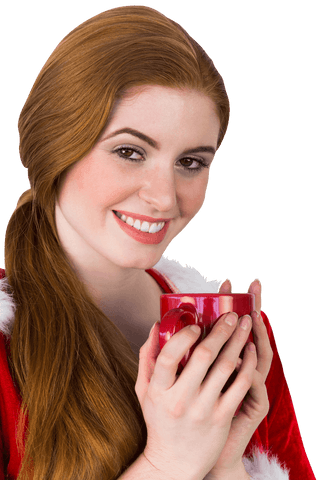 Smiling woman in santa costume holding red mug on transparent background