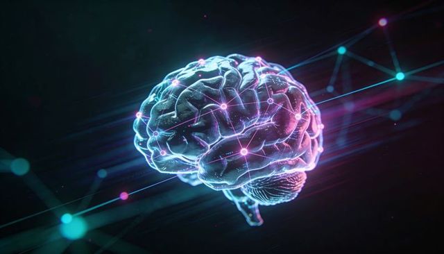 Neon 3d brain model with glowing neural nodes and cybernetic network connections