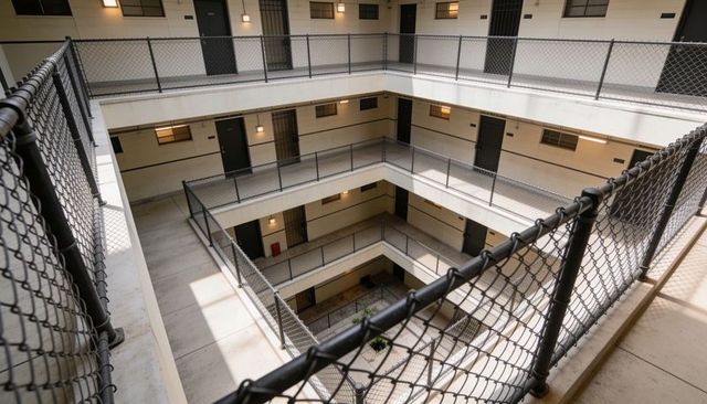 Urban industrial atrium featuring chain-link railings and multi-level concrete walkways