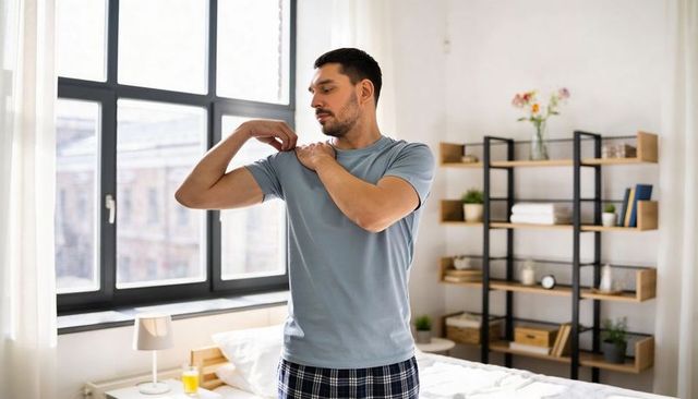 Young man stretching shoulder in sunny urban bedroom morning routine and home wellness